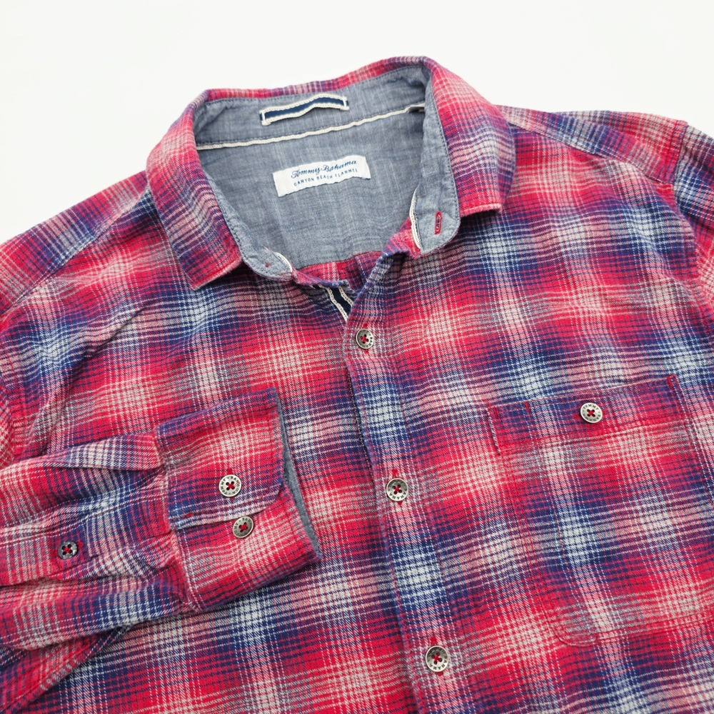 Tommy Bahama Canyon Beach Flannel Shirt Mens Large Red Blue Plaid Button Down